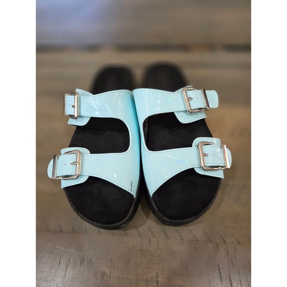 Sugar Shoes - Sugar Saturn Light Blue Patent Holographic Double Buckle Platform Slide Sandals